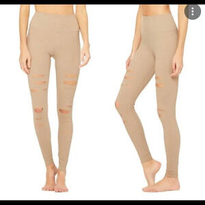 ALO Yoga Ripped Warrior Tan High Waist Leggings Size Small